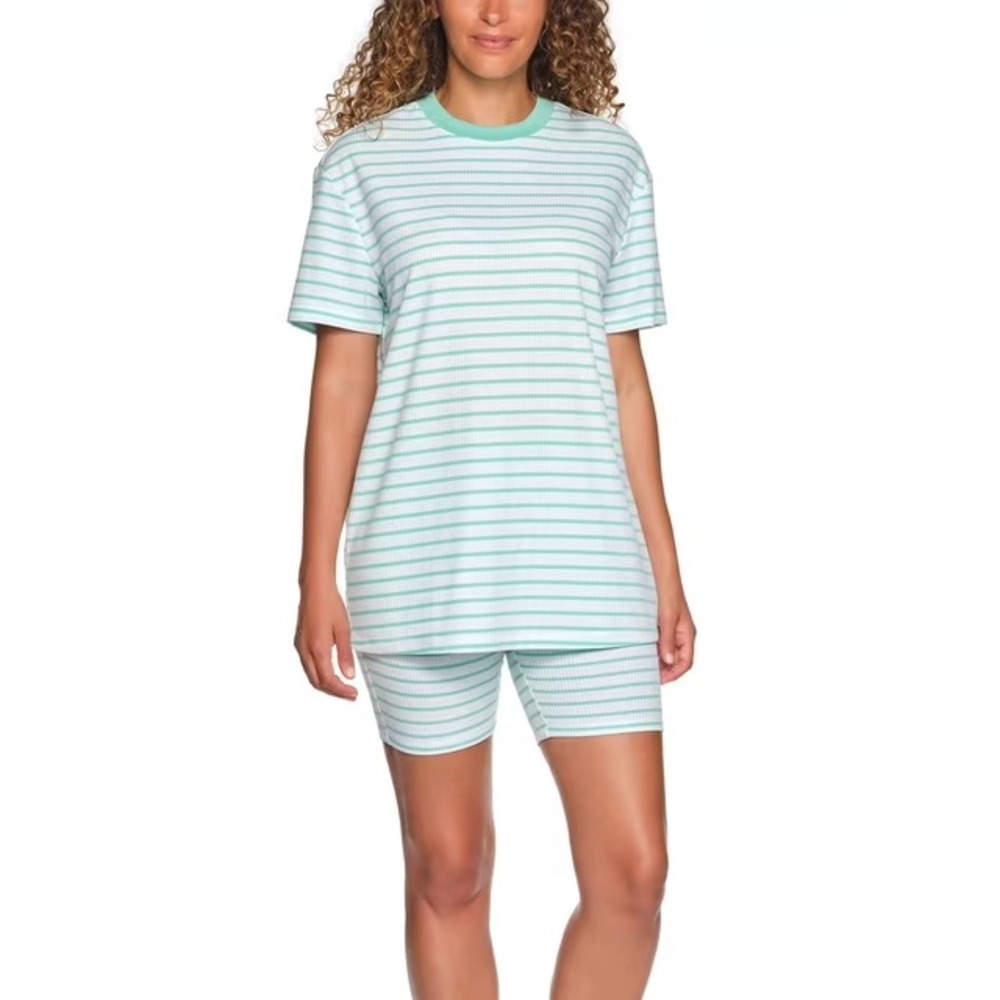 LOFT Womens 2-Piece Bike Short Pajama Set Size S Green Striped Ribbed NWT
